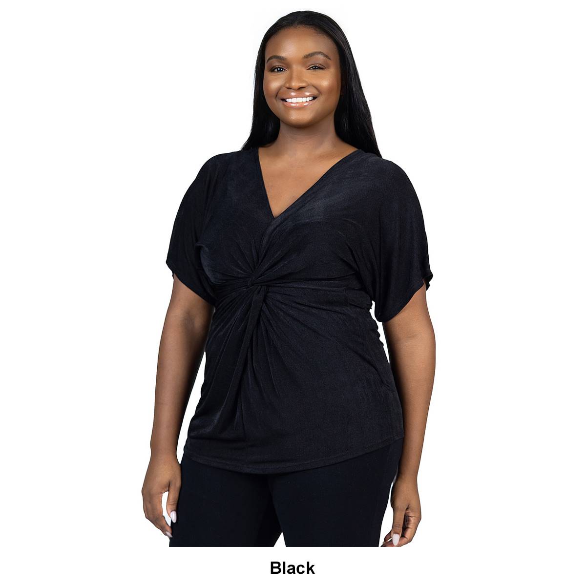 Plus Size 24/7 Comfort Apparel Knot Front V-Neck Blouse