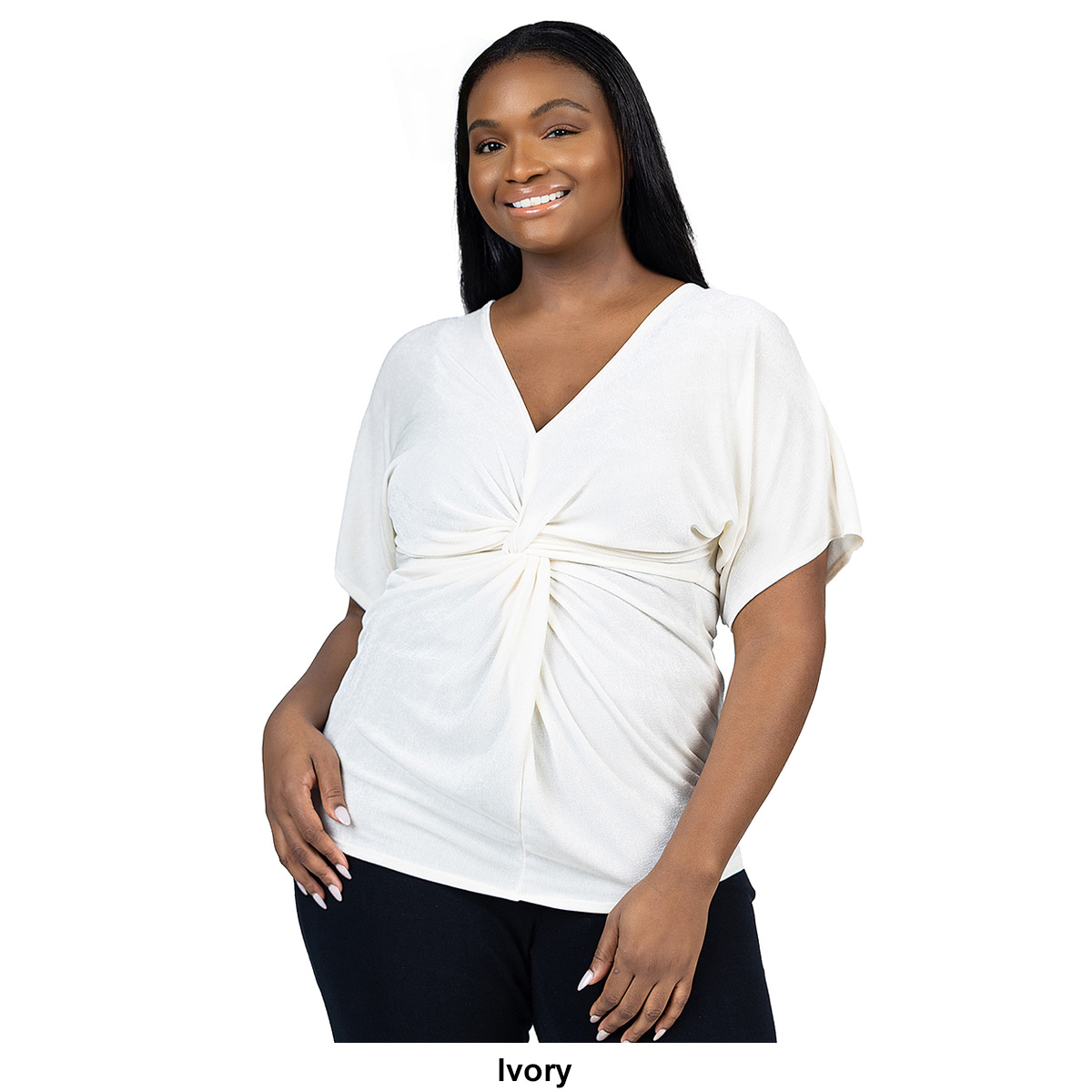 Plus Size 24/7 Comfort Apparel Knot Front V-Neck Blouse