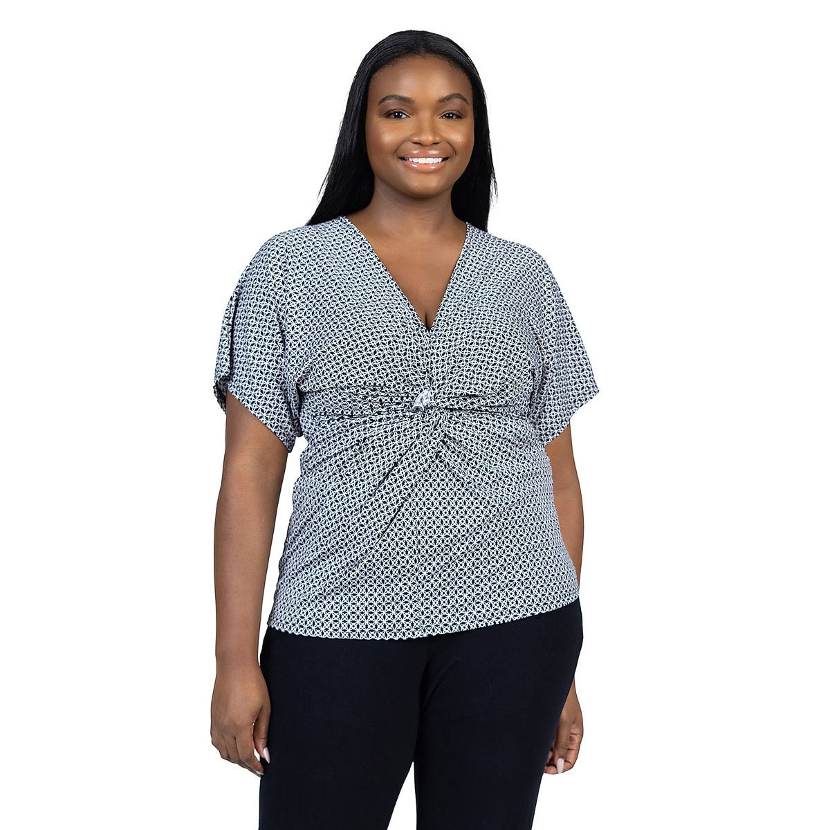 Plus Size 24/7 Comfort Apparel Medallion Knot Front V-Neck Blouse