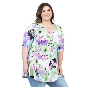 Plus Size 24/7 Comfort Apparel Floral Elbow Sleeve V-Neck Top alternate view