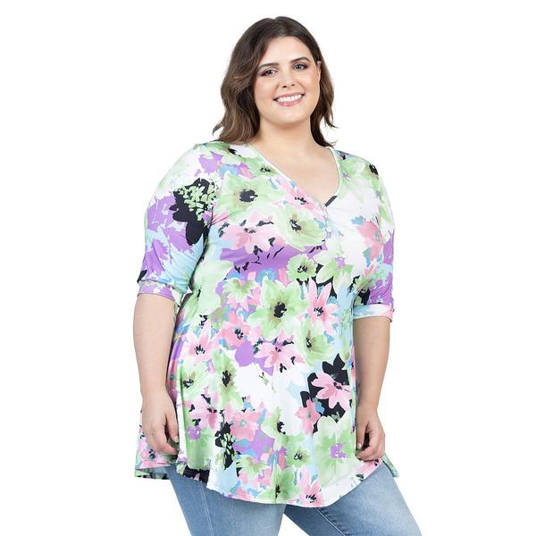 Plus Size 24/7 Comfort Apparel Floral Elbow Sleeve V-Neck Top alternate view