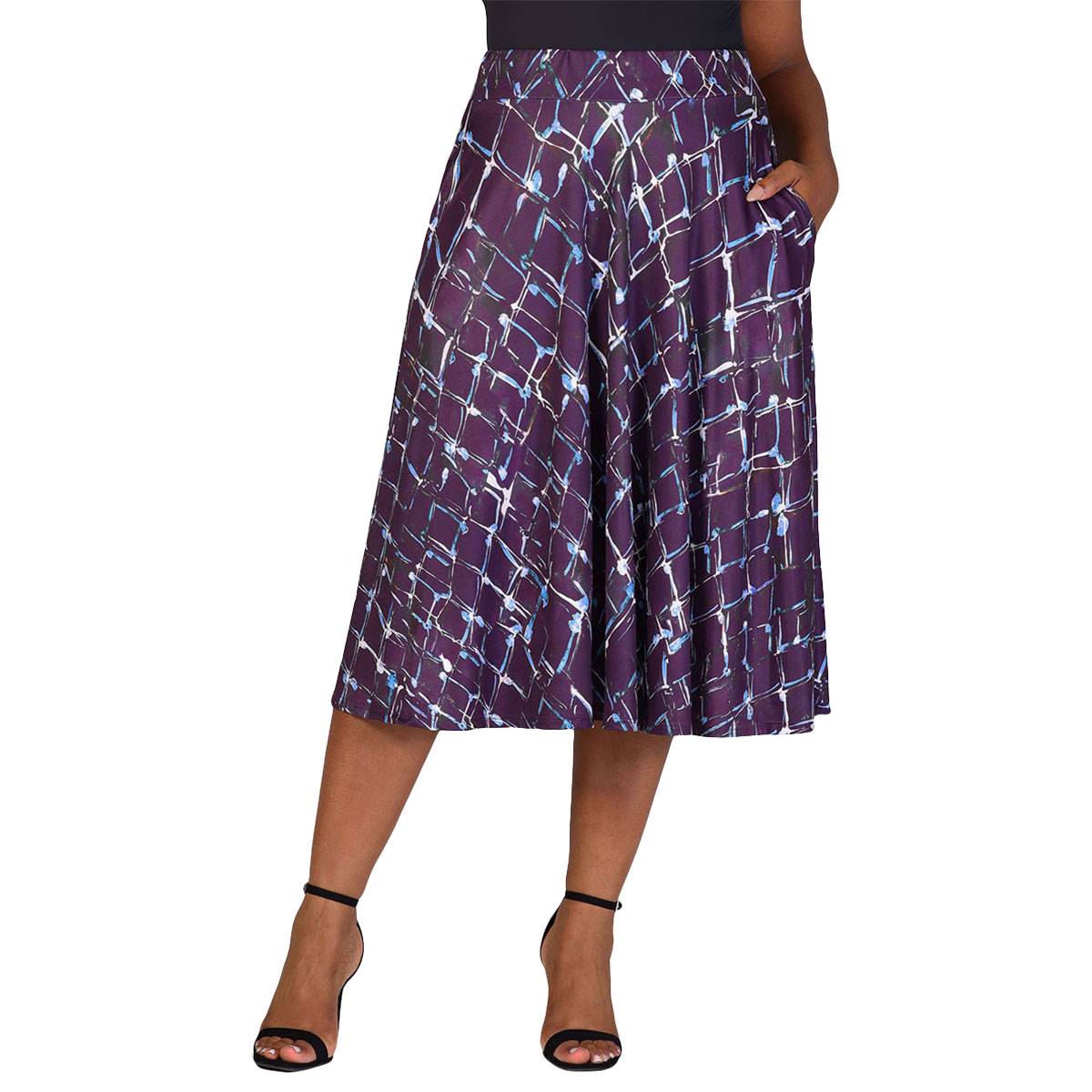 Plus Size 24/7 Comfort Apparel Purple Geo Pocket Midi Skirt