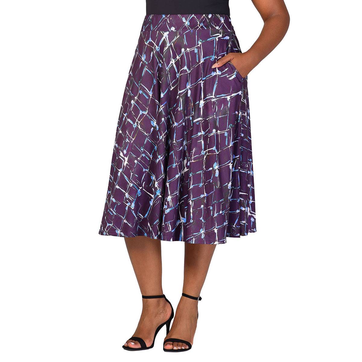 Plus Size 24/7 Comfort Apparel Purple Geo Pocket Midi Skirt