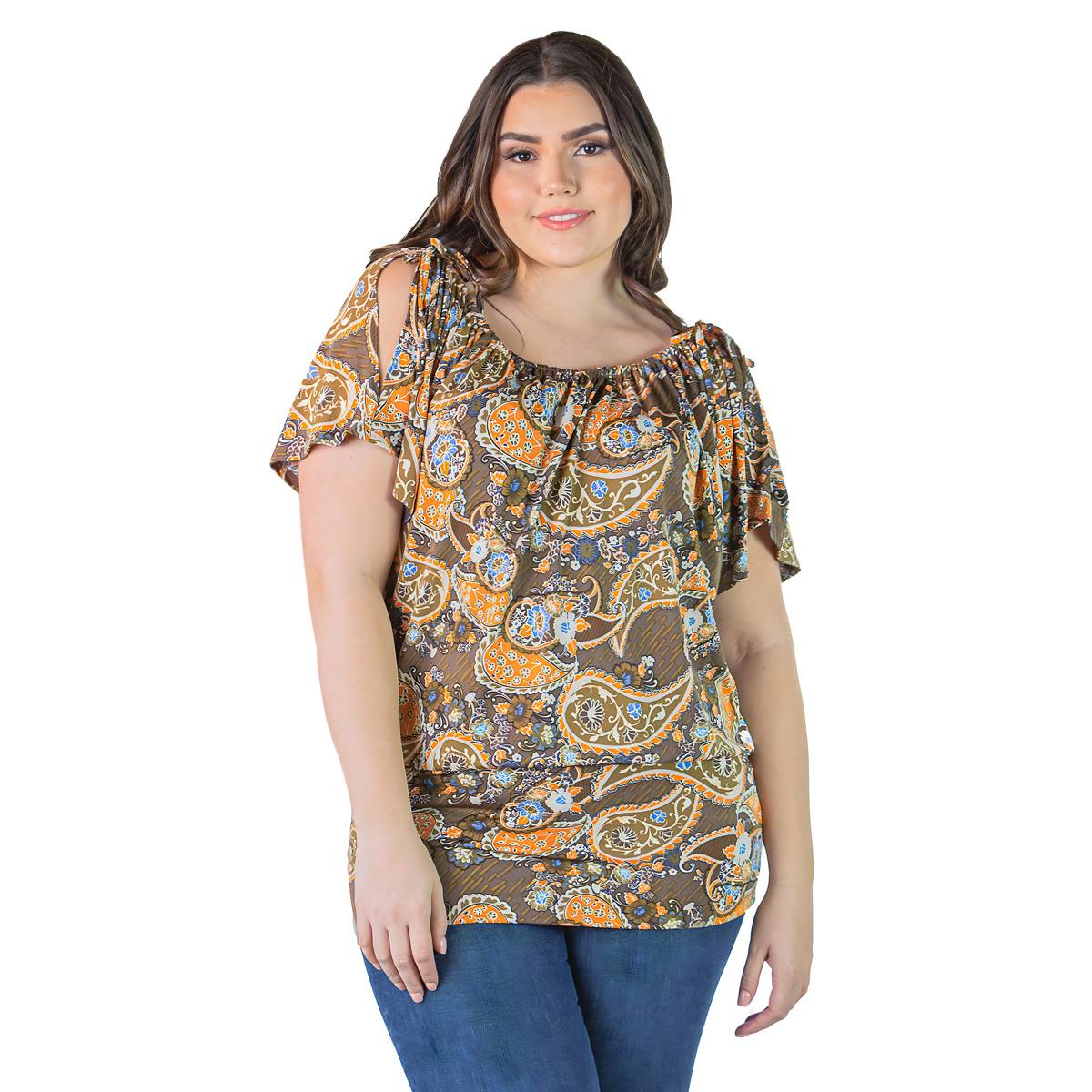 Plus Size 24/7 Comfort Apparel Split Shoulder Paisley Floral Top