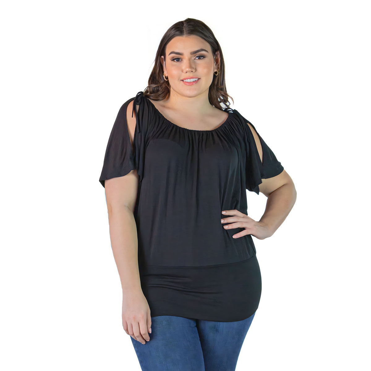 Plus Size 24/7 Comfort Apparel Split Shoulder Solid Tunic Top