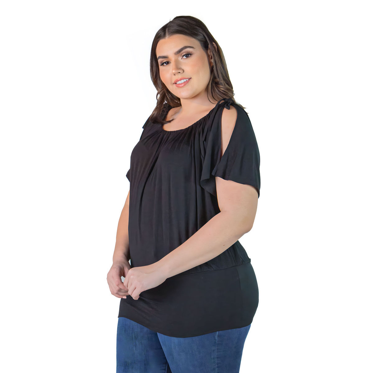 Plus Size 24/7 Comfort Apparel Split Shoulder Solid Tunic Top