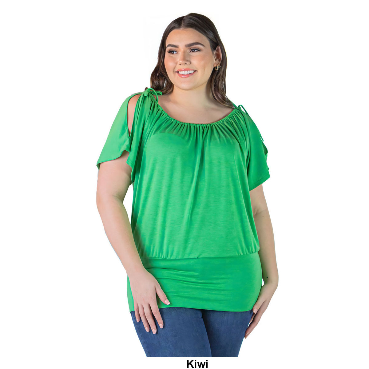 Plus Size 24/7 Comfort Apparel Split Shoulder Solid Tunic Top