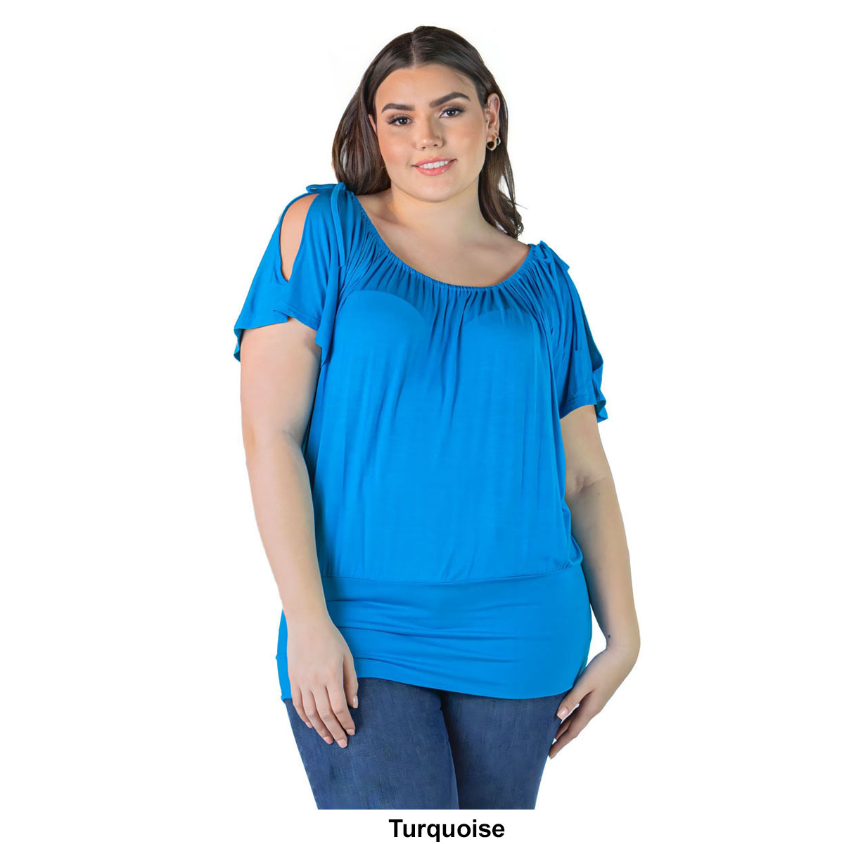 Plus Size 24/7 Comfort Apparel Split Shoulder Solid Tunic Top