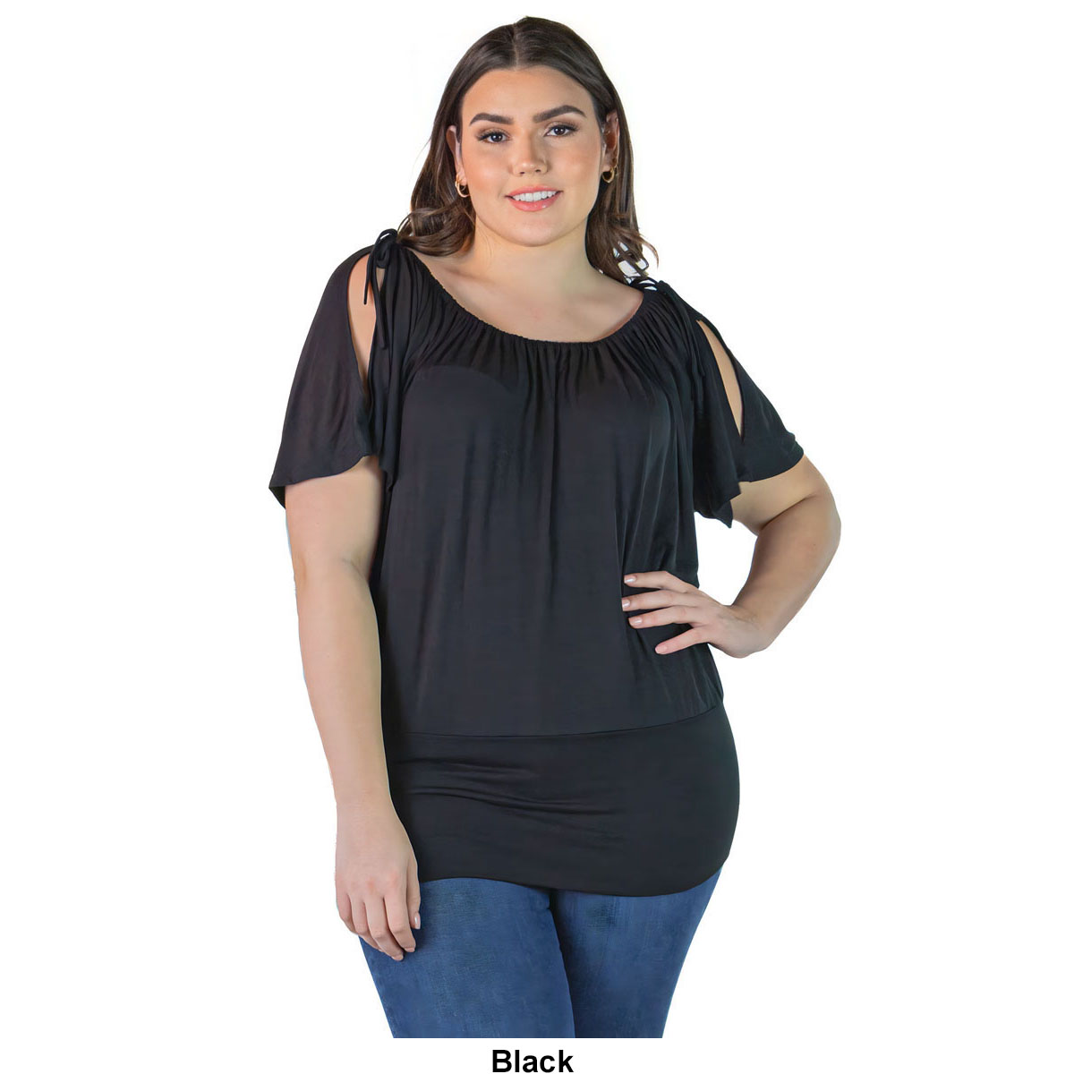 Plus Size 24/7 Comfort Apparel Split Shoulder Solid Tunic Top