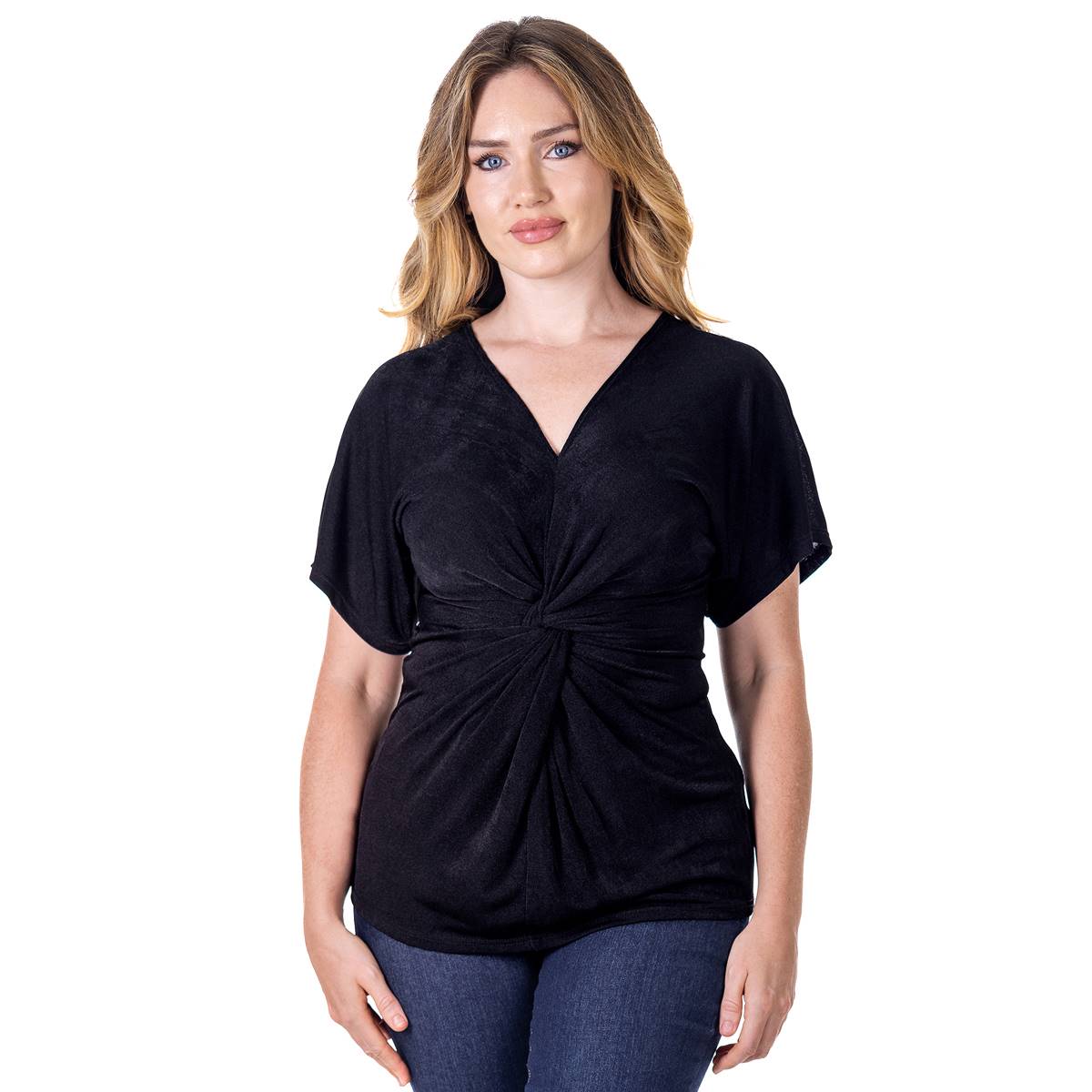 Womens 24/7 Comfort Apparel Knot Front V-Neck Blouse