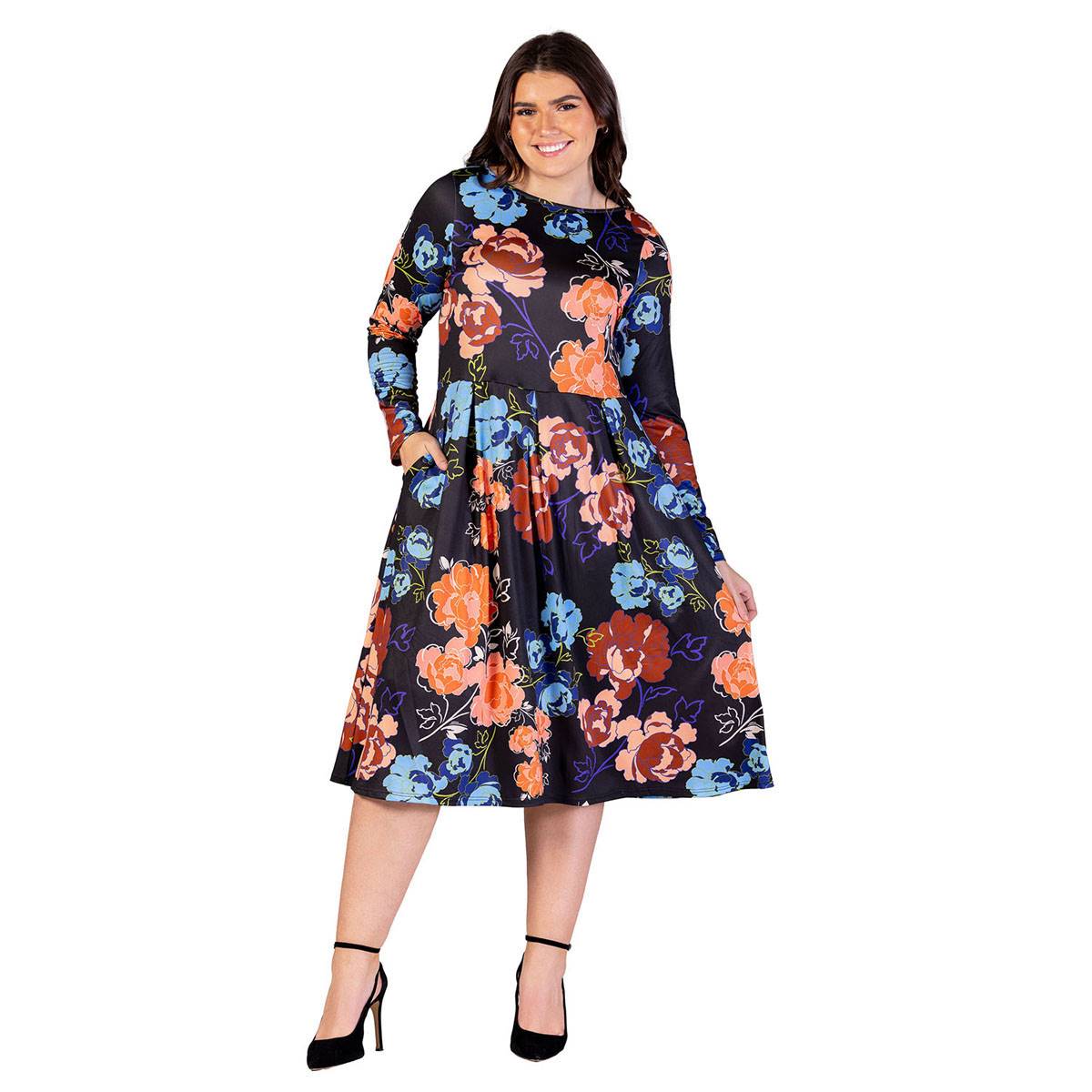 Plus Size 24/7 Comfort Apparel Black Floral Midi Pocket Dress