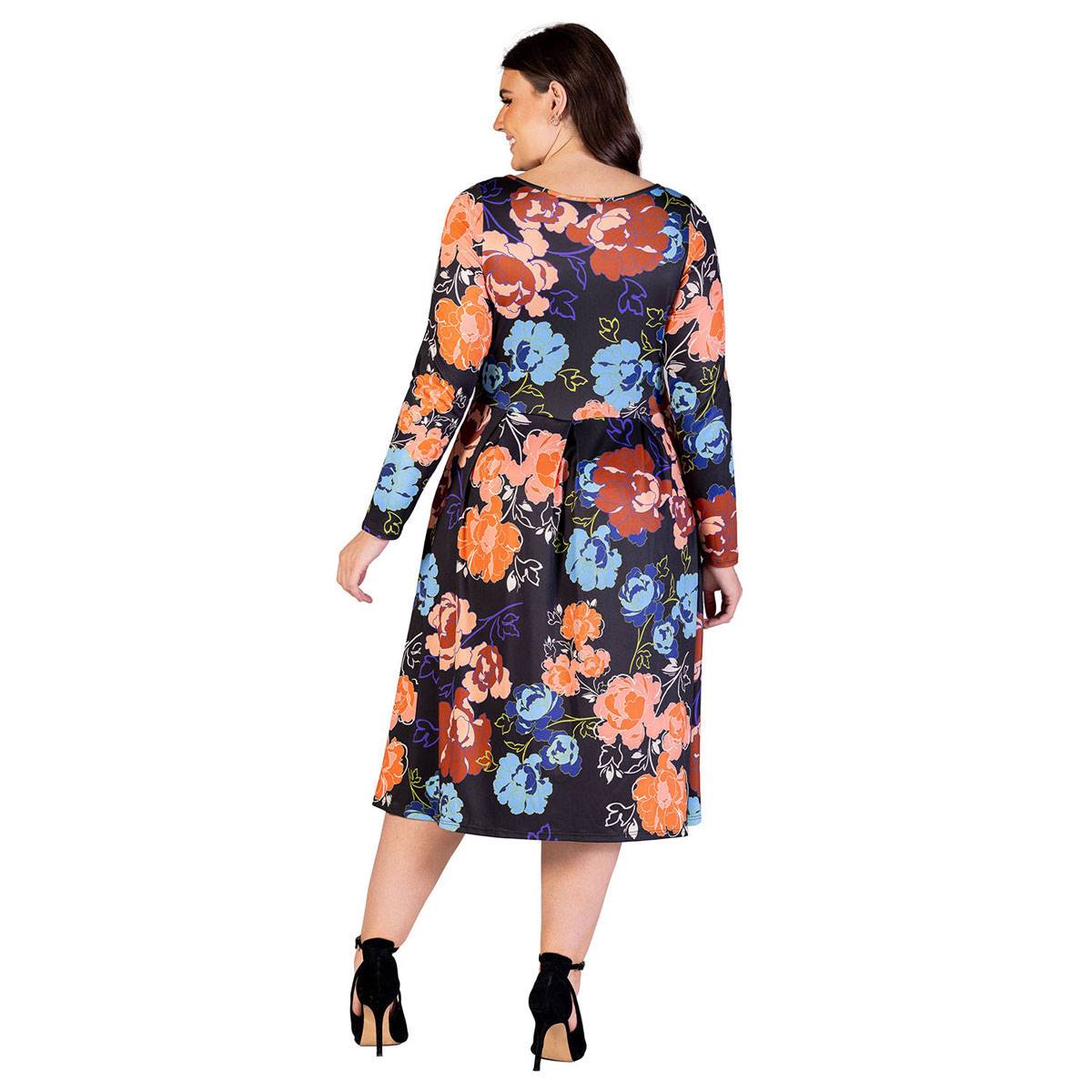 Plus Size 24/7 Comfort Apparel Black Floral Midi Pocket Dress