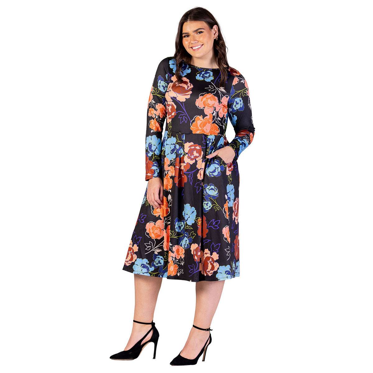 Plus Size 24/7 Comfort Apparel Black Floral Midi Pocket Dress