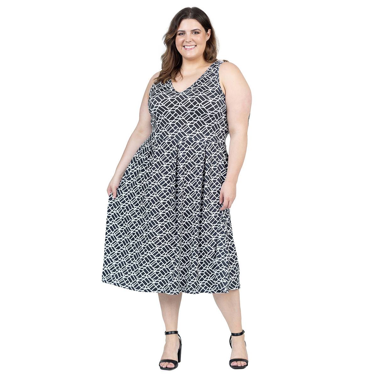 Plus Size 24/7 Comfort Apparel Geometric Fit & Flare Midi Dress