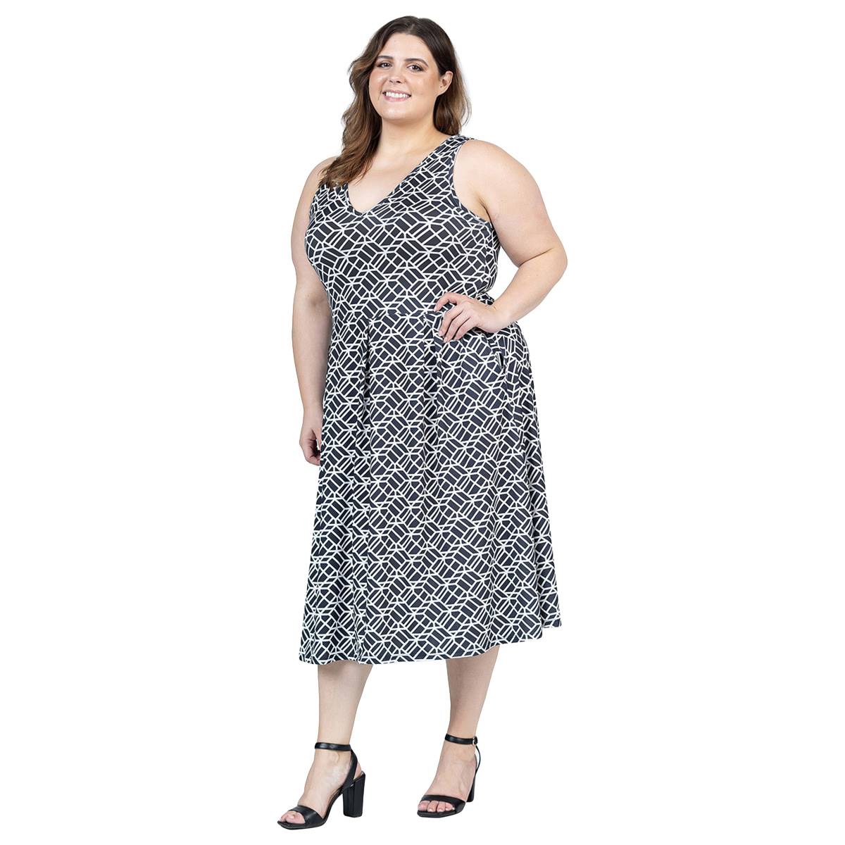 Plus Size 24/7 Comfort Apparel Geometric Fit & Flare Midi Dress