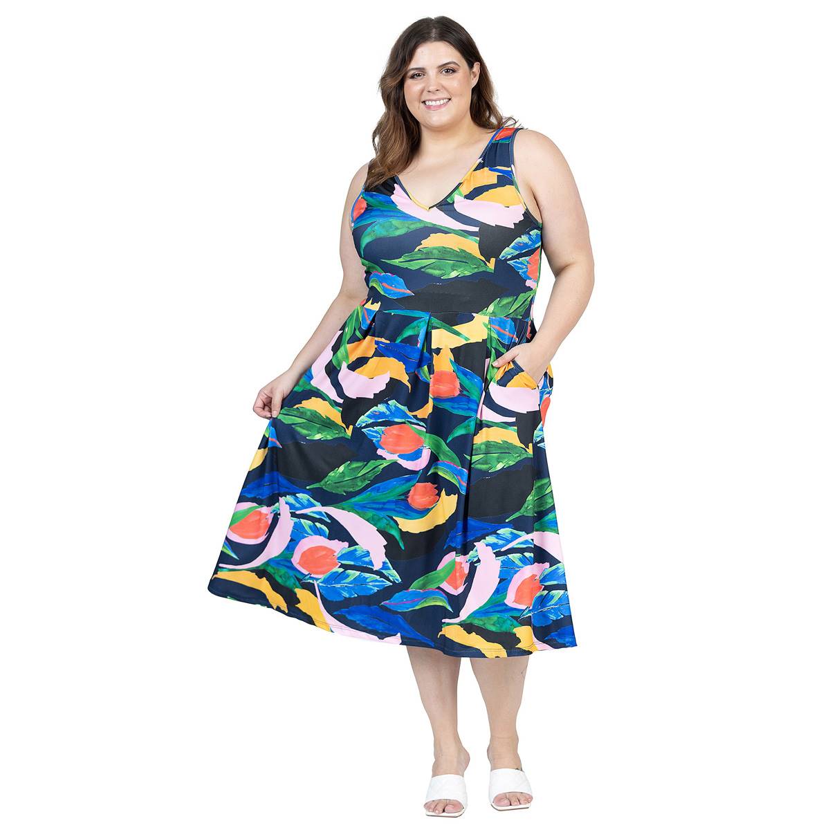 Plus Size 24/7 Comfort Apparel Tropical Fit & Flare Midi Dress