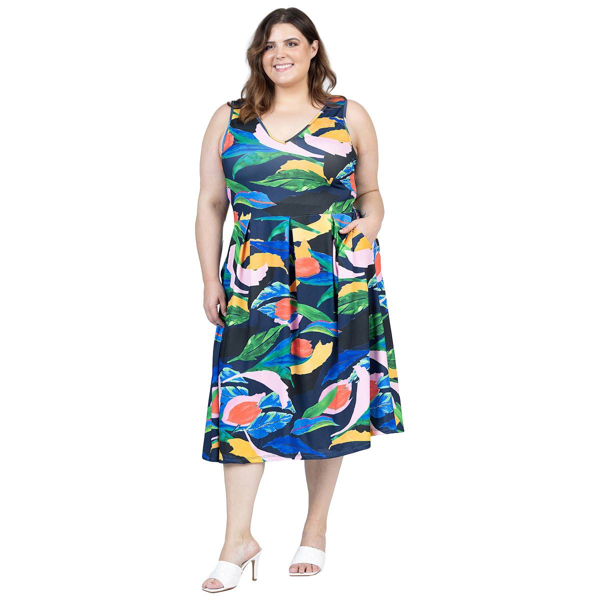 Plus Size 24/7 Comfort Apparel Tropical Fit & Flare Midi Dress