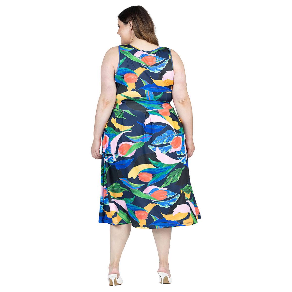 Plus Size 24/7 Comfort Apparel Tropical Fit & Flare Midi Dress