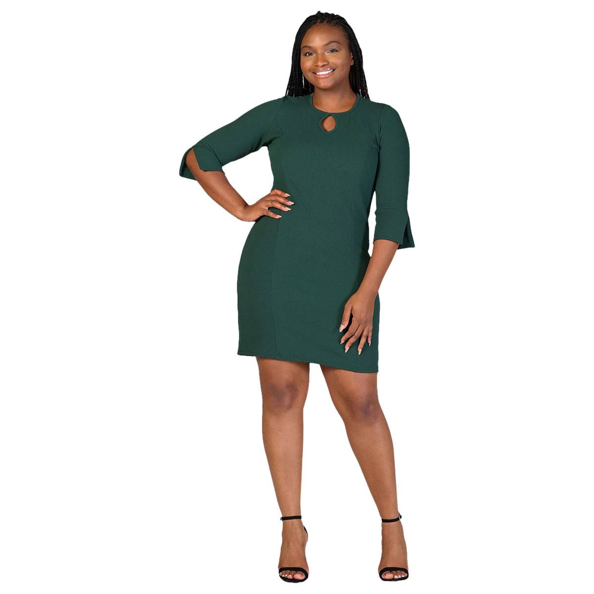 Plus Size 24/7 Comfort Apparel Keyhole 3/4 Sleeve Mini Dress