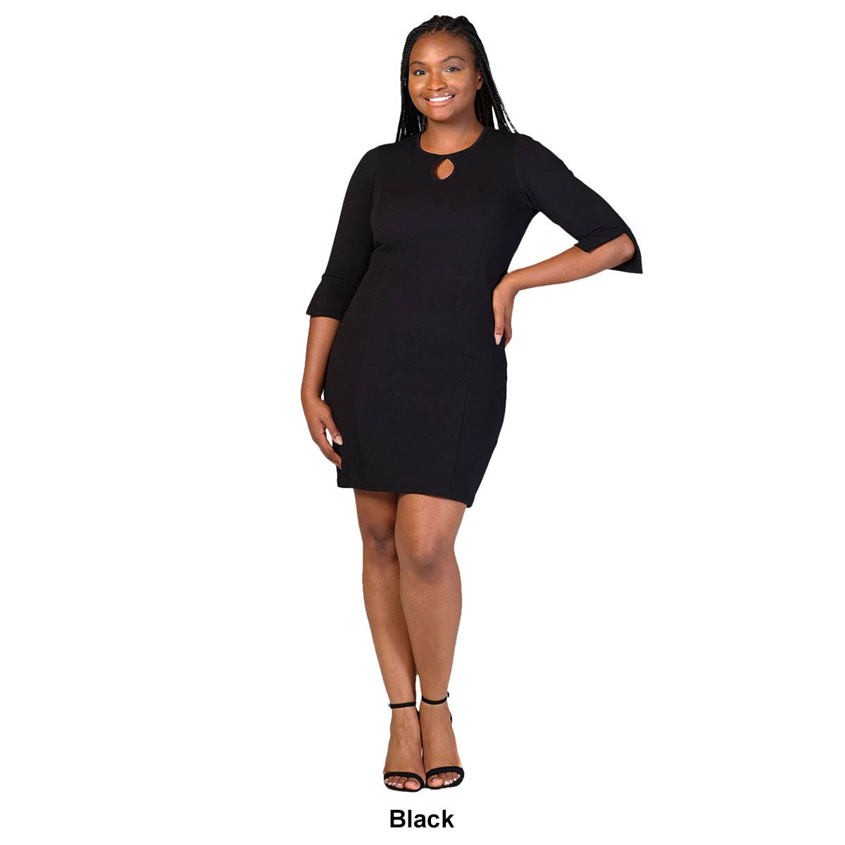 Plus Size 24/7 Comfort Apparel Keyhole 3/4 Sleeve Mini Dress