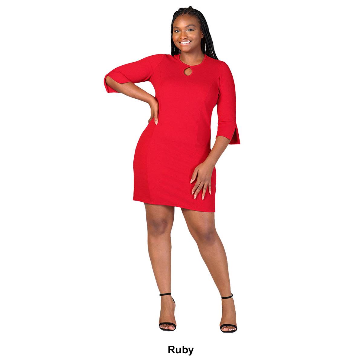 Plus Size 24/7 Comfort Apparel Keyhole 3/4 Sleeve Mini Dress