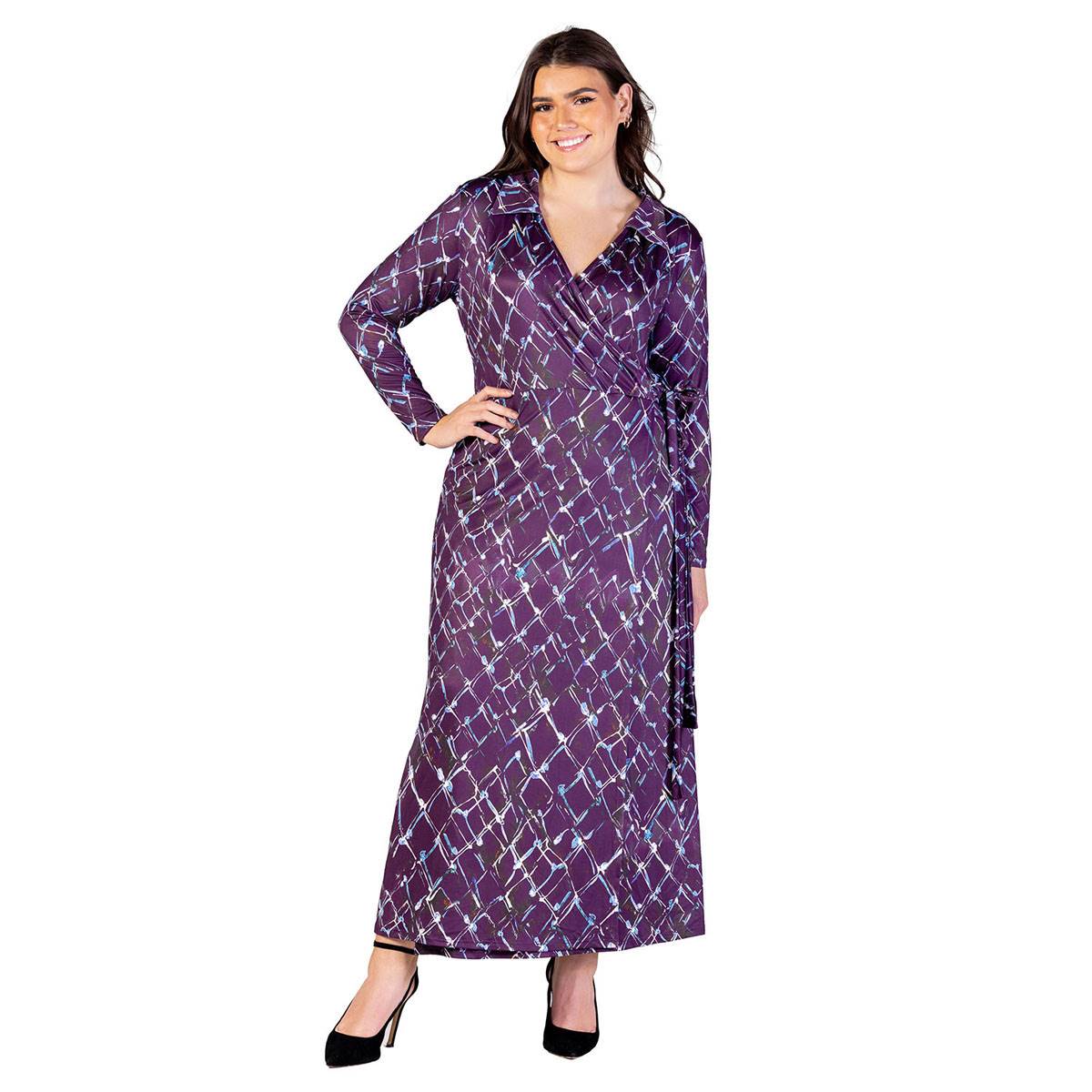 Plus Size 24/7 Comfort Apparel Purple Geo Collar Wrap Maxi Dress