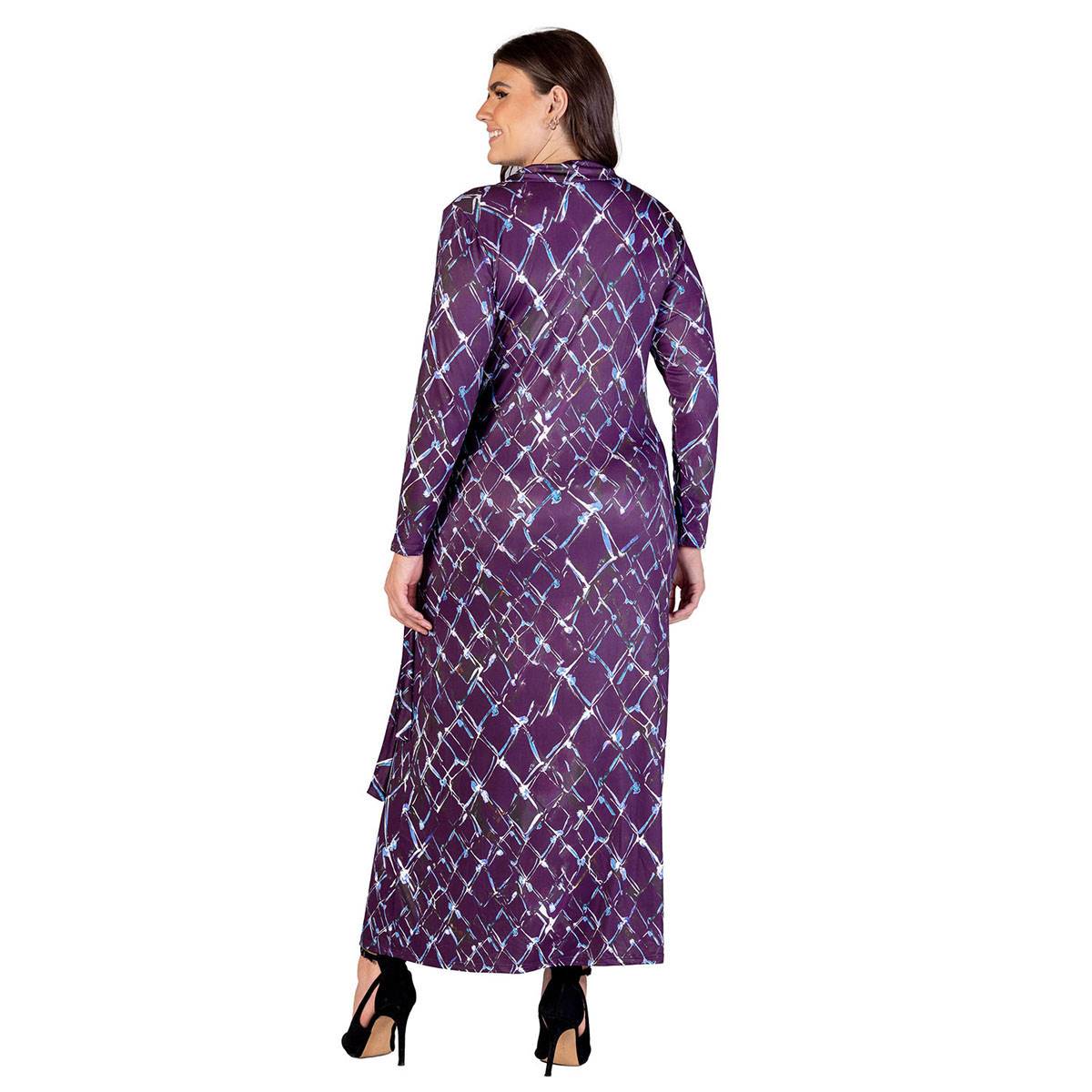 Plus Size 24/7 Comfort Apparel Purple Geo Collar Wrap Maxi Dress