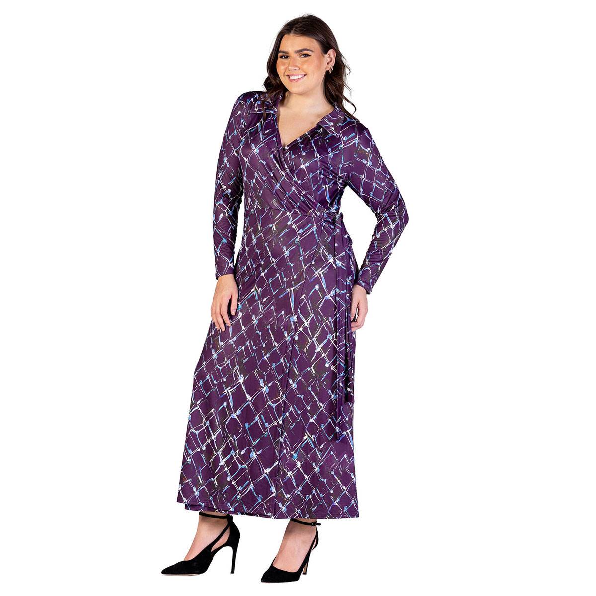 Plus Size 24/7 Comfort Apparel Purple Geo Collar Wrap Maxi Dress