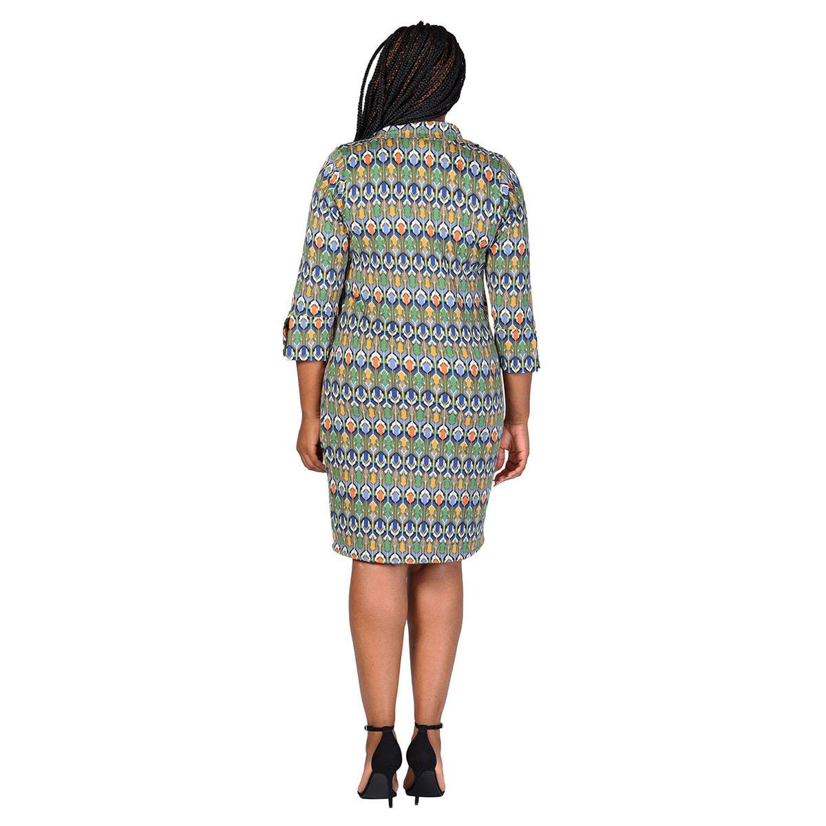 Plus Size 24/7 Comfort Apparel Green Geometric Collar Mini Dress