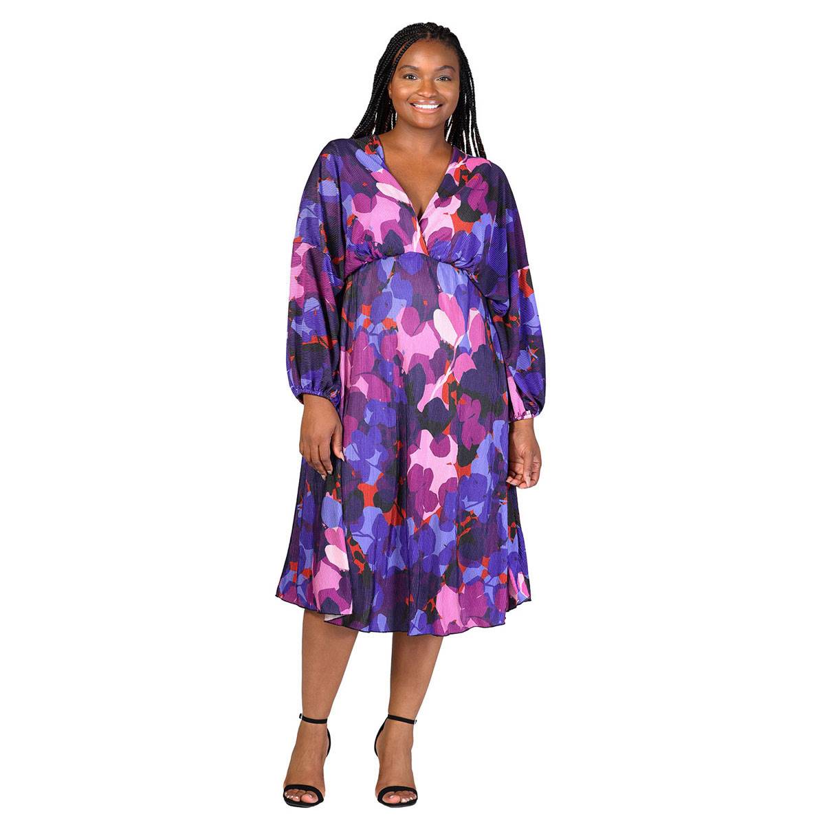 Plus Size 24/7 Comfort Apparel Multicolor Empire Waist Midi Dress