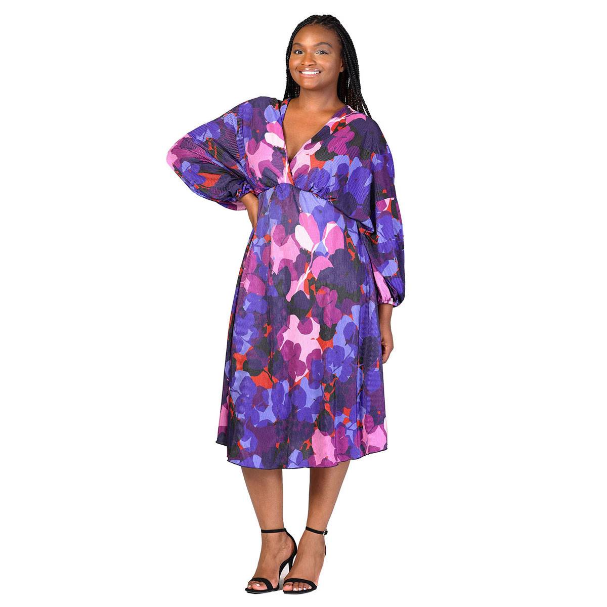 Plus Size 24/7 Comfort Apparel Multicolor Empire Waist Midi Dress