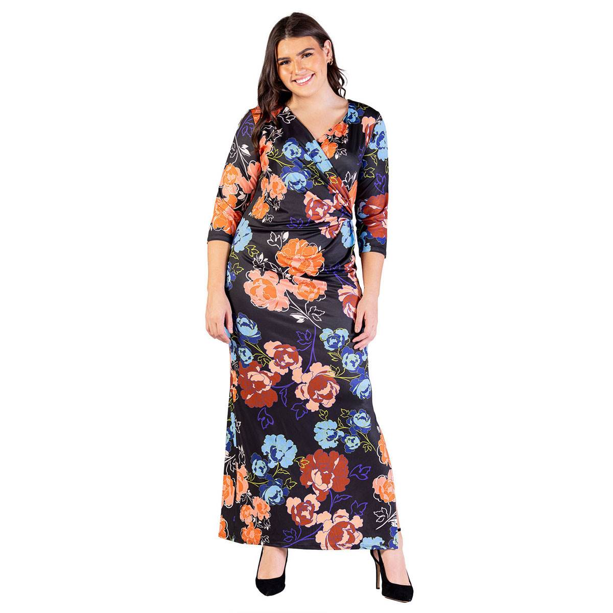 Plus Size 24/7 Comfort Apparel Black Floral Side Slit Maxi Dress