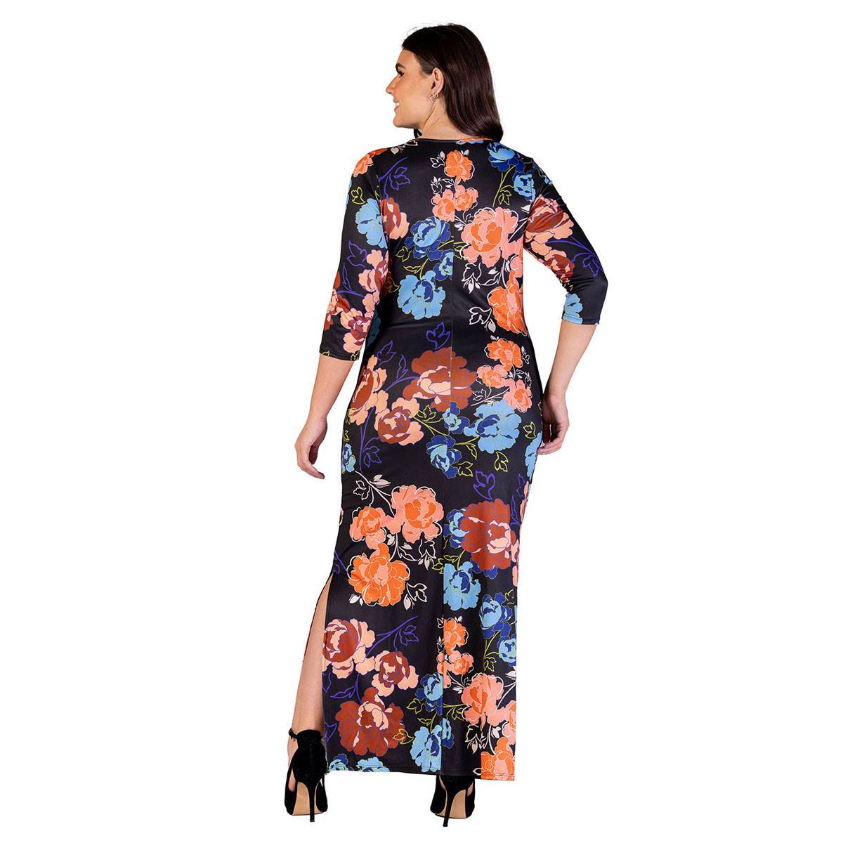 Plus Size 24/7 Comfort Apparel Black Floral Side Slit Maxi Dress