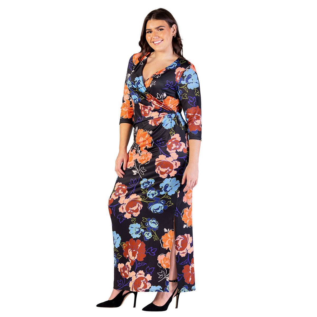 Plus Size 24/7 Comfort Apparel Black Floral Side Slit Maxi Dress