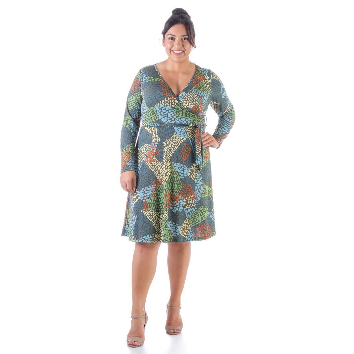 Plus Size 24/7 Comfort Apparel Abstract Faux Wrap Dress