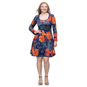 Womens 24/7 Comfort Apparel Navy Floral Long Sleeve Dress