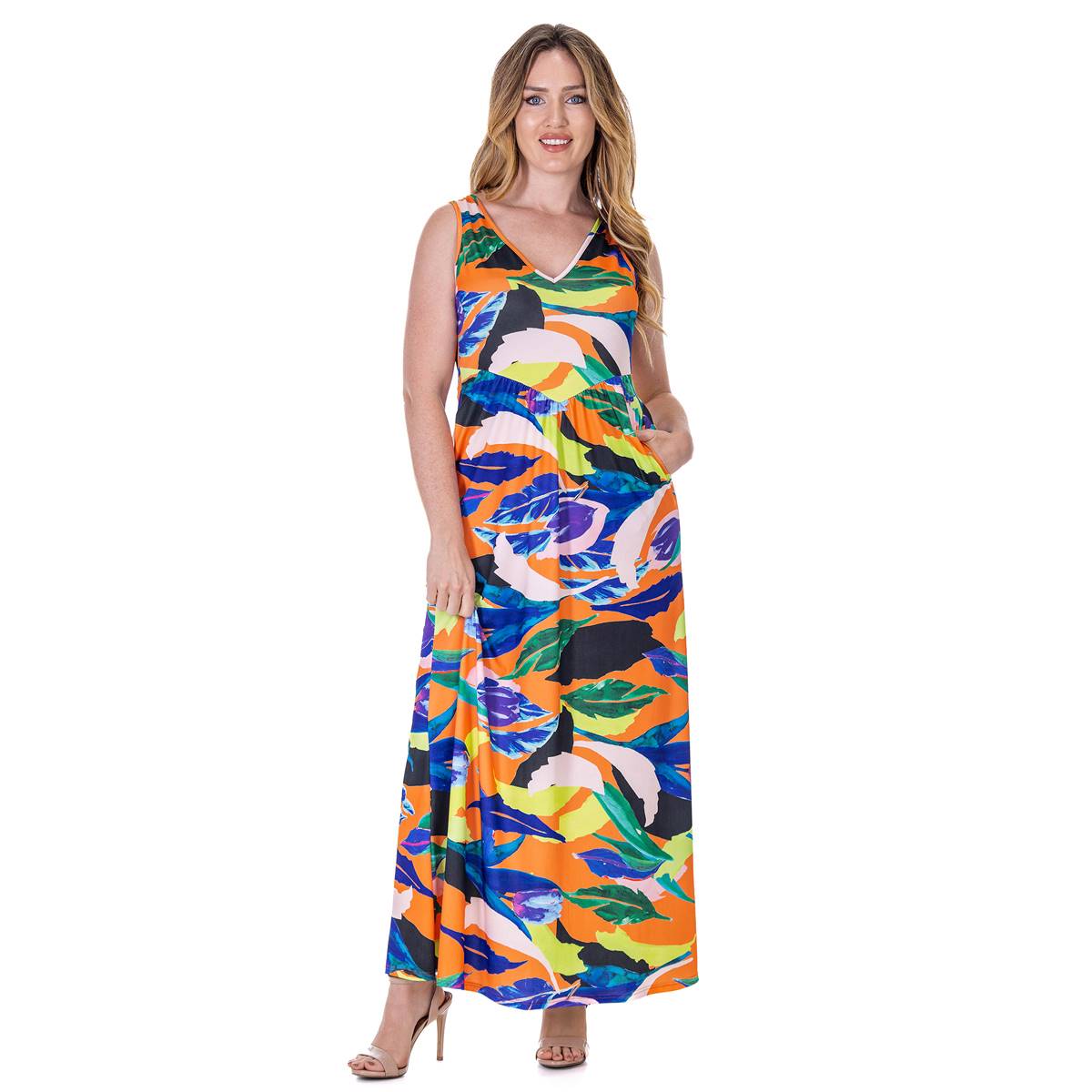 Womens 24/7 Comfort Apparel Tropical A-Line Maxi Dress