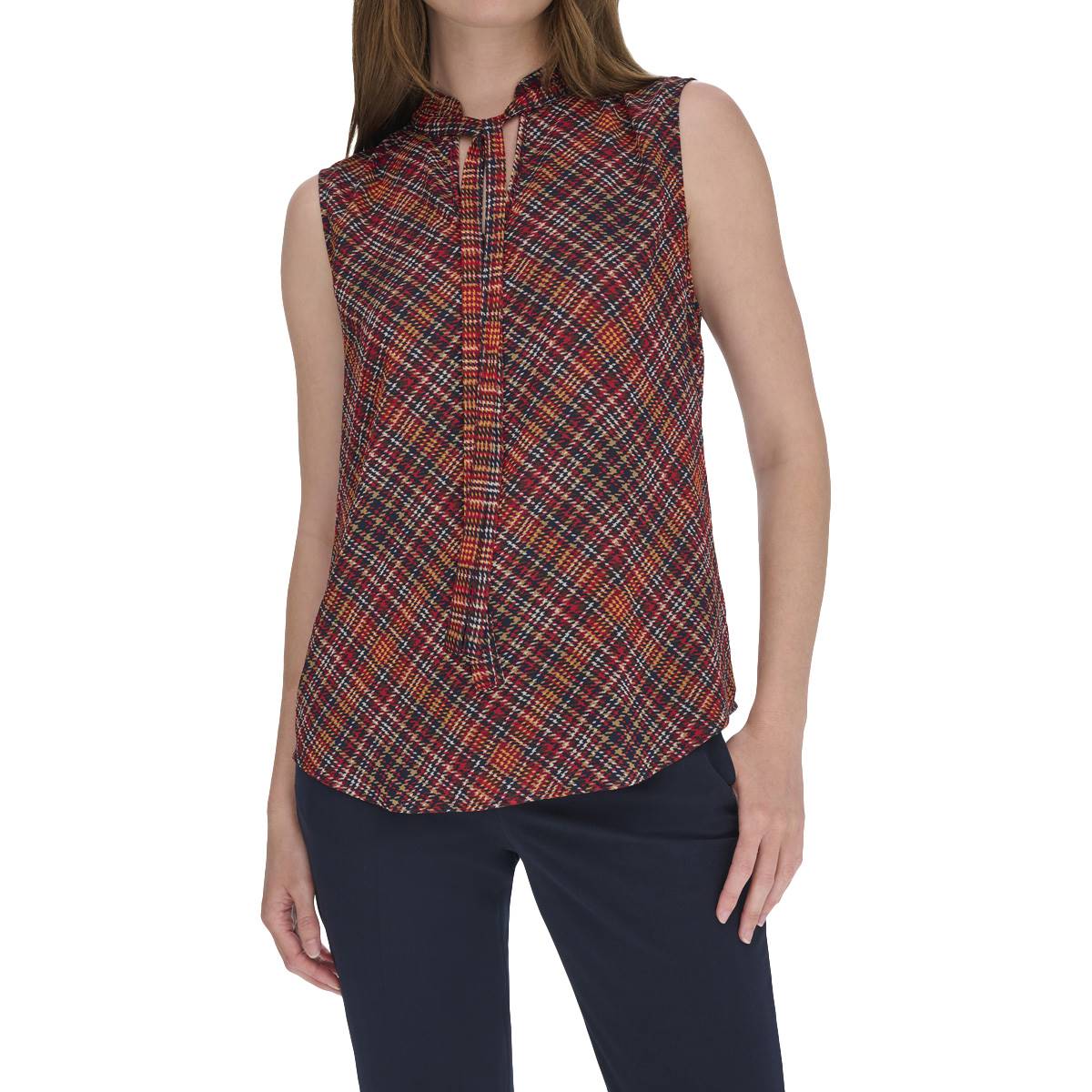 Womens Tommy Hilfiger Sleeveless Plaid Tie Front Blouse