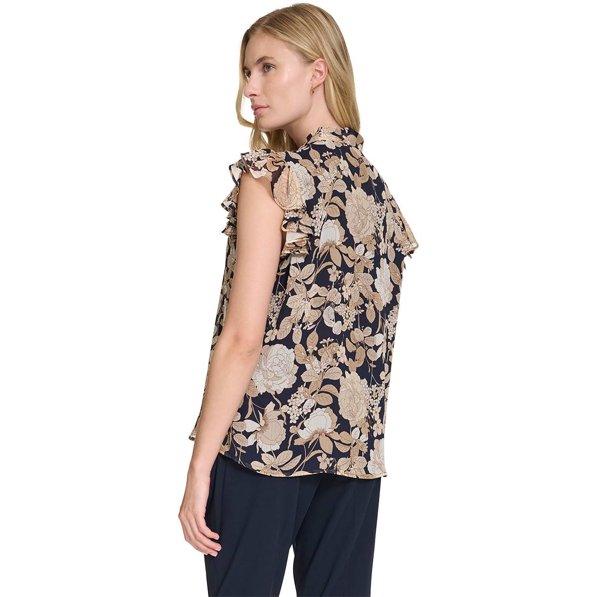 Womens Tommy Hilfiger Cap Sleeve Garden Floral Tie Neck Blouse