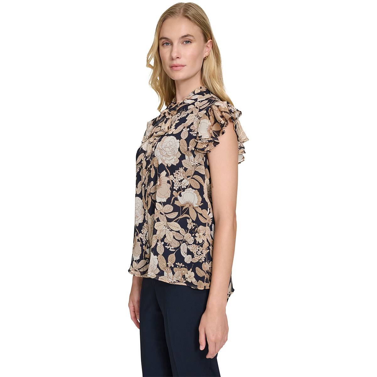 Womens Tommy Hilfiger Cap Sleeve Garden Floral Tie Neck Blouse