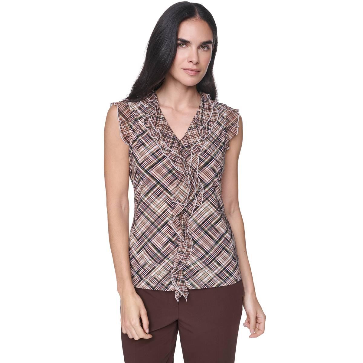 Tommy Hilfiger Women's V-Neck Plaid Ruffle Sleeveless Blouse - Whitecap Multi