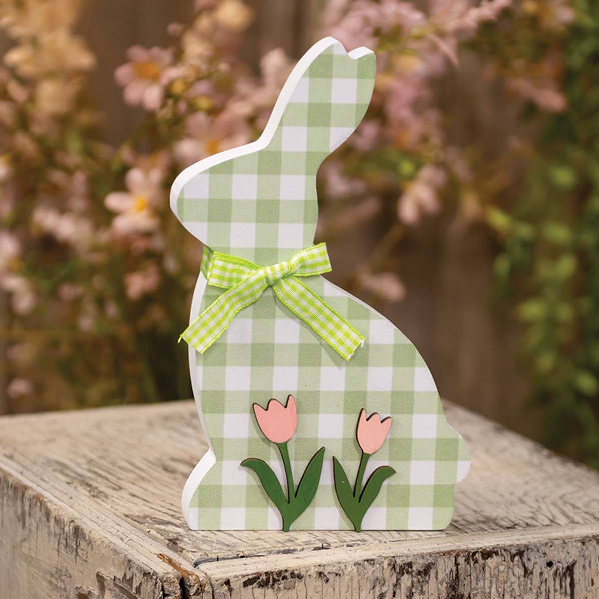 The Hearthside 7x4 Green & White Buffalo Check Bunny W/ Tulip