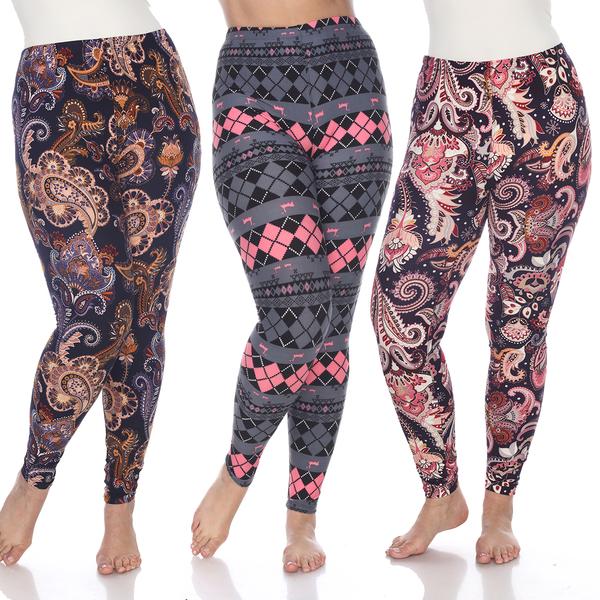 Plus Size White Mark 3pk. Diamond & Paisley Leggings
