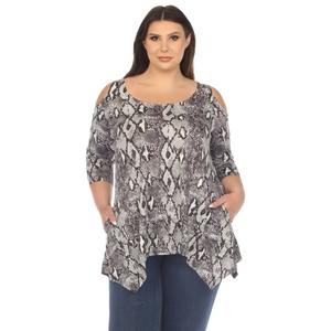 Plus Size White Mark Snake Print Cold Shoulder Top