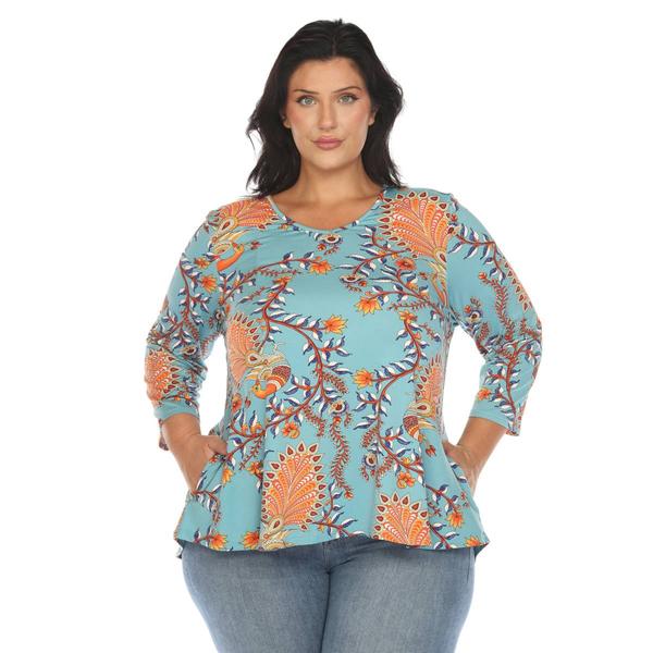 Plus Size White Mark 3/4 Sleeve Paisley Peacock Top