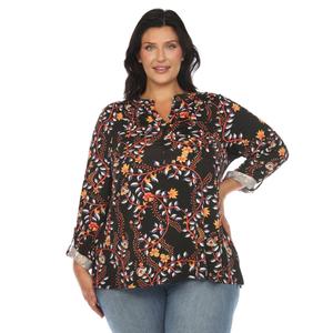 Plus Size White Mark Paisley Floral V-Neck Long Sleeve Blouse
