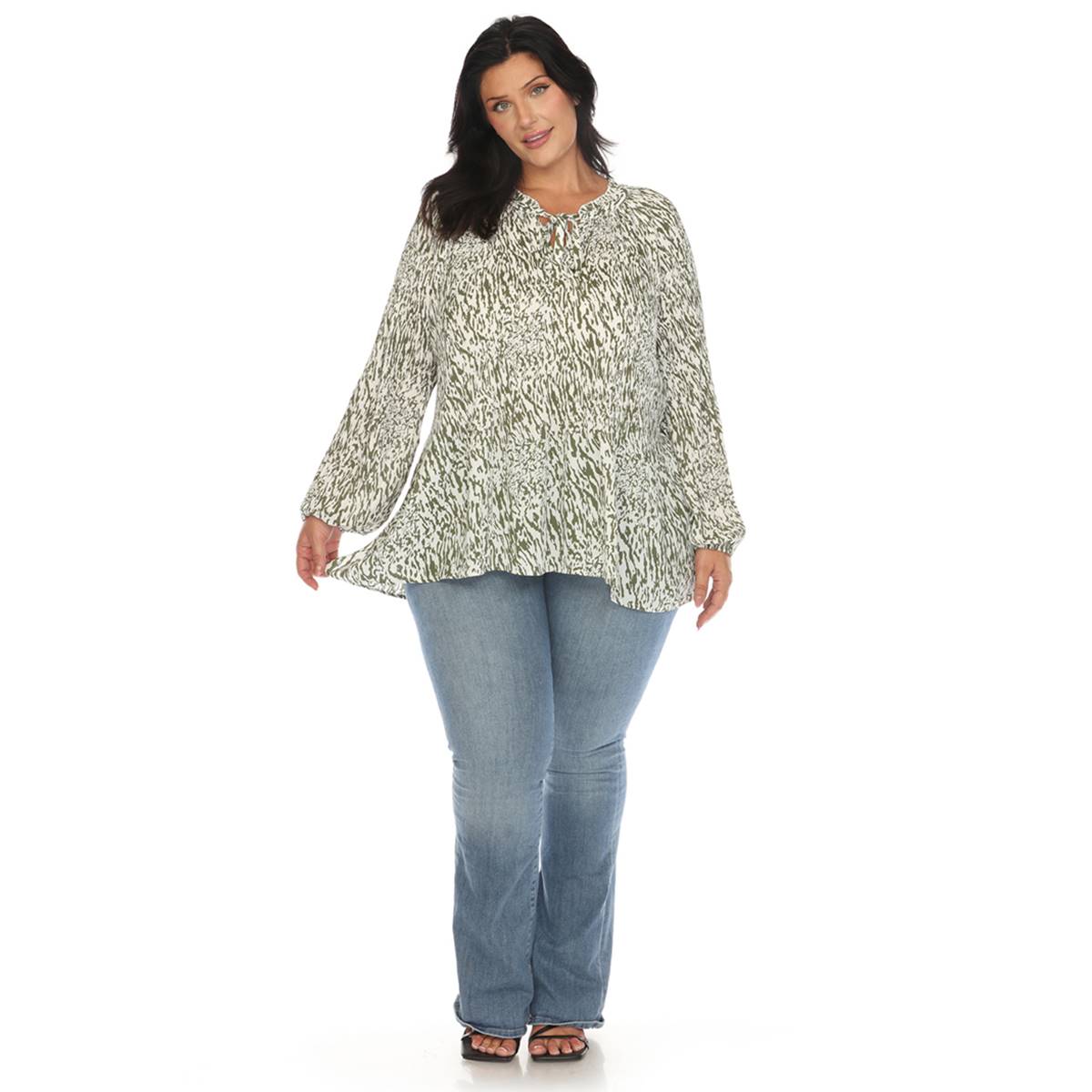 Plus Size White Mark Long Sleeve Tie Neckline Animal Blouse