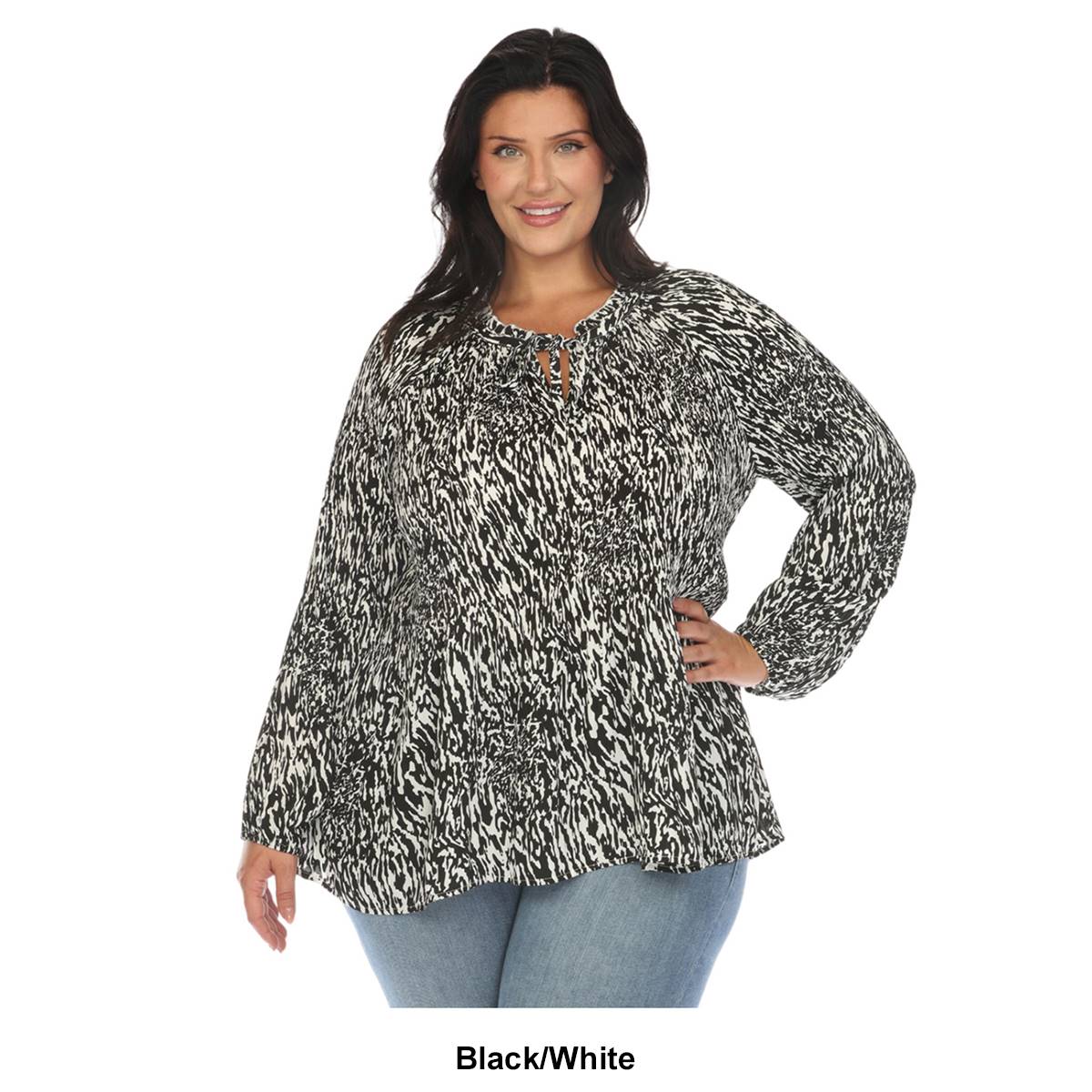 Plus Size White Mark Long Sleeve Tie Neckline Animal Blouse