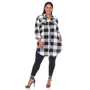 Plus Size White Mark Long Sleeve Roll Cuff Plaid Shirt Dress