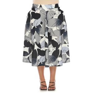 Plus Size White Mark Leaf Print Vintage Flared Midi Skirt